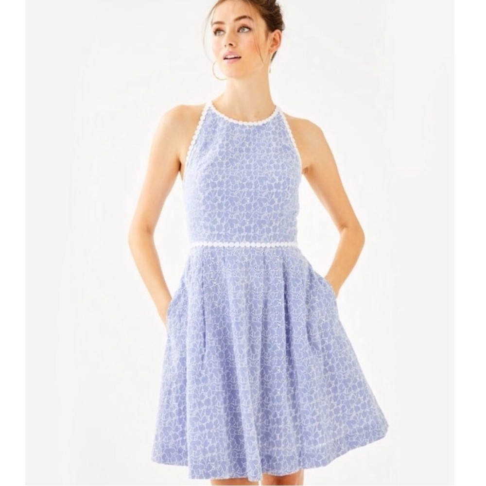 Lilly Pulitzer Tori Dress Crew Blue Tint Yarn Dye Stripe Floral Eyelet Size 00
